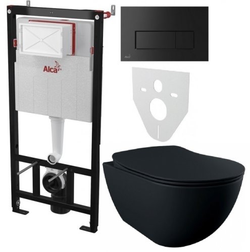 Инсталляция AlcaPlast 4в1 AM101/1120 с черной матовой прямоугольной кнопкой M578 + подвесной унитаз Free Black matt Rim-off (AM101/1120-4:1 M578-0001 + FE322-11SM00E-0)