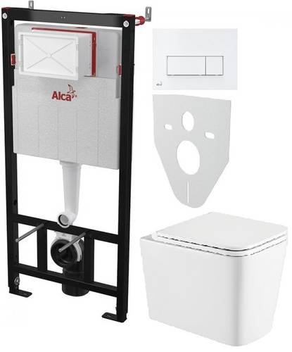 Инсталляция AlcaPlast 4в1 AM101/1120 с белой прямоугольной кнопкой M570 + подвесной унитаз Kvadro (AM101/1120-4:1 M570-0001 + KR-0530-RW)