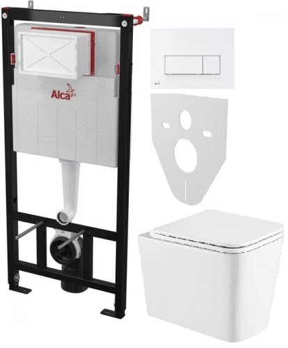 Инсталляция AlcaPlast 4в1 AM101/1120 с белой прямоугольной кнопкой M570 + подвесной унитаз Kvadro (AM101/1120-4:1 M570-0001 + KR-0530-RW)