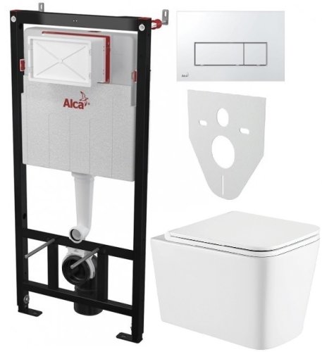 Інсталяція AlcaPlast 4в1 AM101/1120 з хромованою прямокутною кнопкою M571 + підвісний унітаз Kvadro (AM101/1120-4:1 UA M571-0001 + KR-0530-RW)