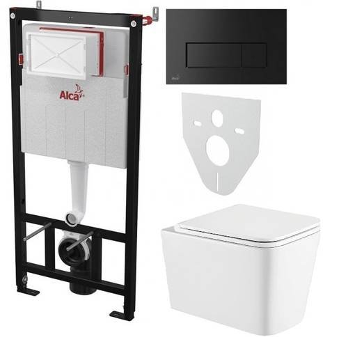 Инсталляция AlcaPlast 4в1 AM101/1120 с черной матовой прямоугольной кнопкой M578 + подвесной унитаз Kvadro (AM101/1120-4:1 RU M578-0001 + KR-0530-RW)