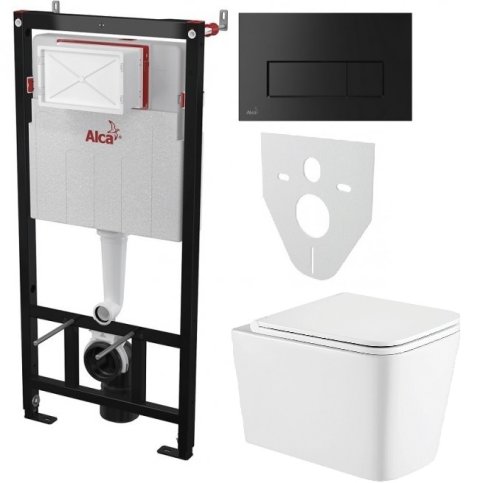 Инсталляция AlcaPlast 4в1 AM101/1120 с черной матовой прямоугольной кнопкой M578 + подвесной унитаз Kvadro (AM101/1120-4:1 RU M578-0001 + KR-0530-RW)
