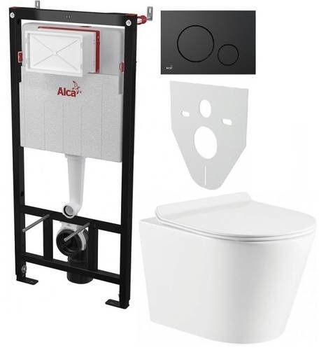Инсталляция AlcaPlast 4в1 AM101/1120 с черной круглой матовой кнопкой M678 + подвесной унитаз ORION (AM101/1120-4:1 RU M678-0001 + OR-0515-RW)