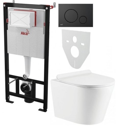 Инсталляция AlcaPlast 4в1 AM101/1120 с черной круглой матовой кнопкой M678 + подвесной унитаз ORION (AM101/1120-4:1 RU M678-0001 + OR-0515-RW)