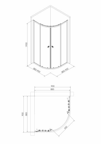 Душевая кабина VOLLE CADIZ 90-R 90*90*190см, полукруг, раздвижная, профиль хром, стекло прозрачное (1039.114501)