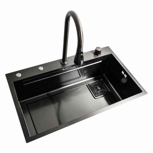 Кухонная мойка 75*45A PVD черная Platinum Handmade "ВОДОСПАД"