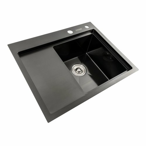 Кухонна мийка чорна PVD 58*48 R Platinum Handmade (два отвори, круглий сифон 3,0/0,8)