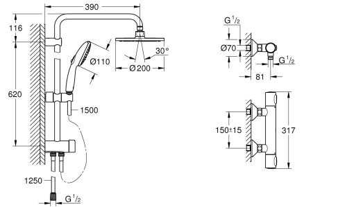 Душевая система Vitalio System 200 Flex + Термостат для душа Grohe Precision Flow (UA202908TR)