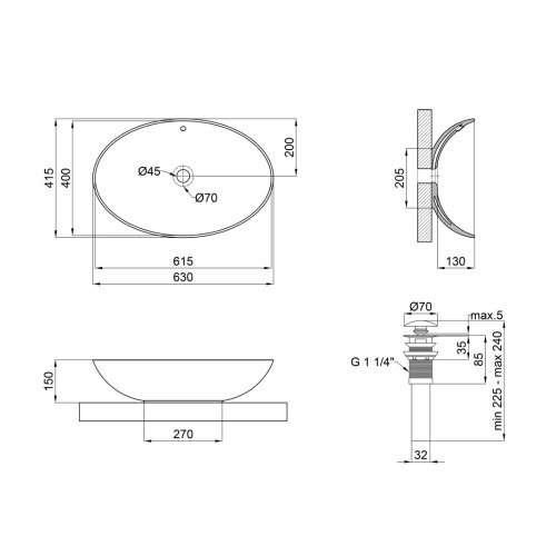 Комплект Qtap Dove: Накладная раковина овальная 625x415x150 мм White + Донный клапан PU02O