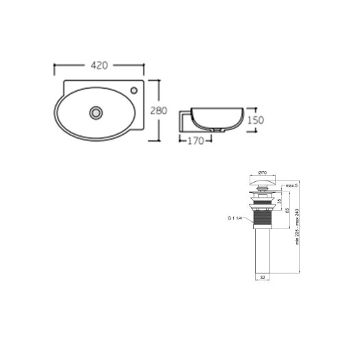 Комплект Qtap Leo: Раковина підвісна овальна права 430x290x140 мм White + Донний клапан PU02O