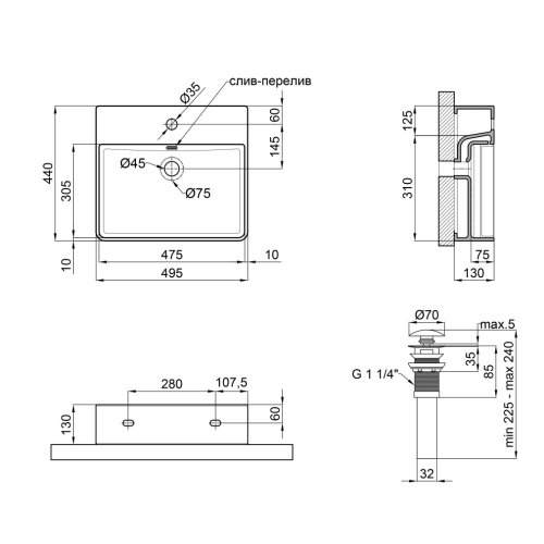 Комплект Qtap Nando LT: Раковина подвесная прямоугольная 500х420х120 мм Matt Black + Донный клапан PU03O