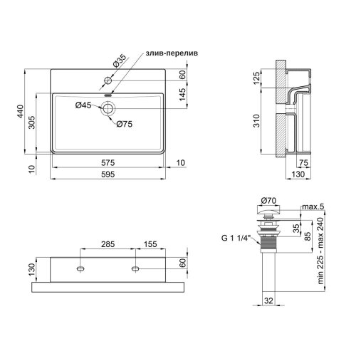 Комплект Qtap Nando LT: Раковина подвесная прямоугольная 600х440х130 мм White + Донный клапан PU02O