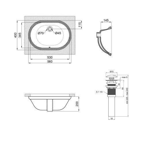 Комплект Qtap Stork: Врезная раковина овальная 560x395x195 мм White + Донный клапан PU02O