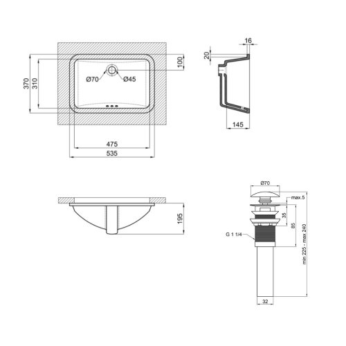 Комплект Qtap Stork: Врезная раковина прямоугольная 530x370x200 мм White + Донный клапан PU02O