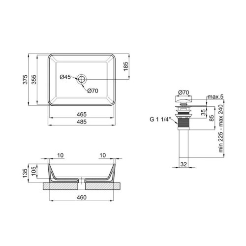 Комплект Qtap Tern: Раковина накладная прямоугольная 475х370х140 мм Matt Black + Донный клапан PU03
