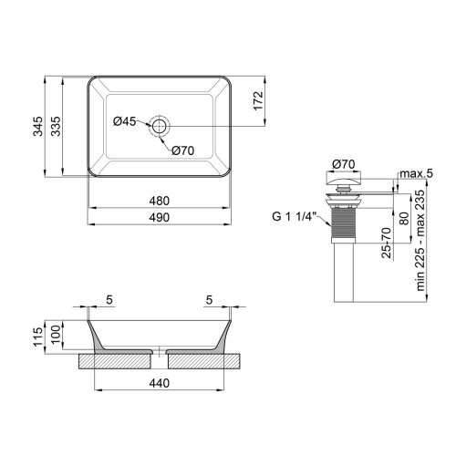 Комплект Qtap Virgo: Раковина накладная прямоугольная 490х350х110 мм White + Донный клапан PU02