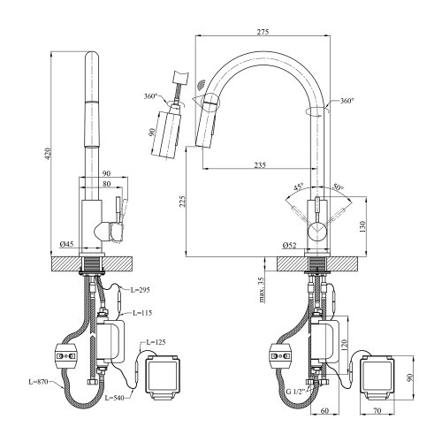 Смеситель для кухни с выдвижным изливом Kroner KRP Edelstahl Klassisch - PVD03916 сенсорный