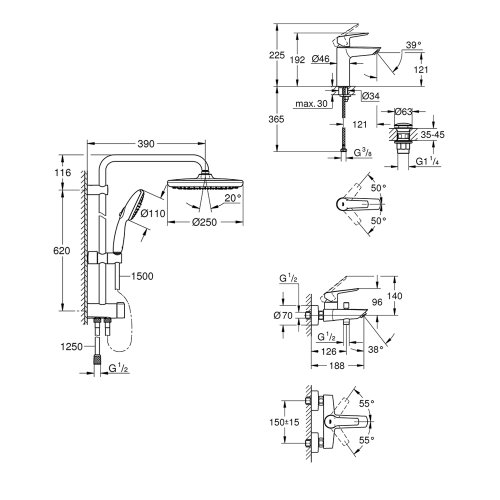 Набор смесителей 3 в 1 для ванной комнаты Grohe QuickFix Start Black UA303305RM