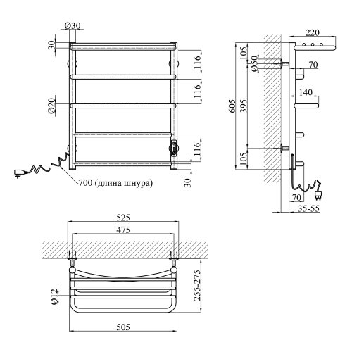 Сушарка для рушників електрична Kroner Каскад ДКп01EL 600х500/5 EL